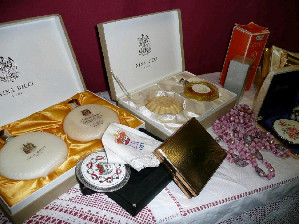 Appraisal: A 's blue dressing table set a boxed Stratton compact