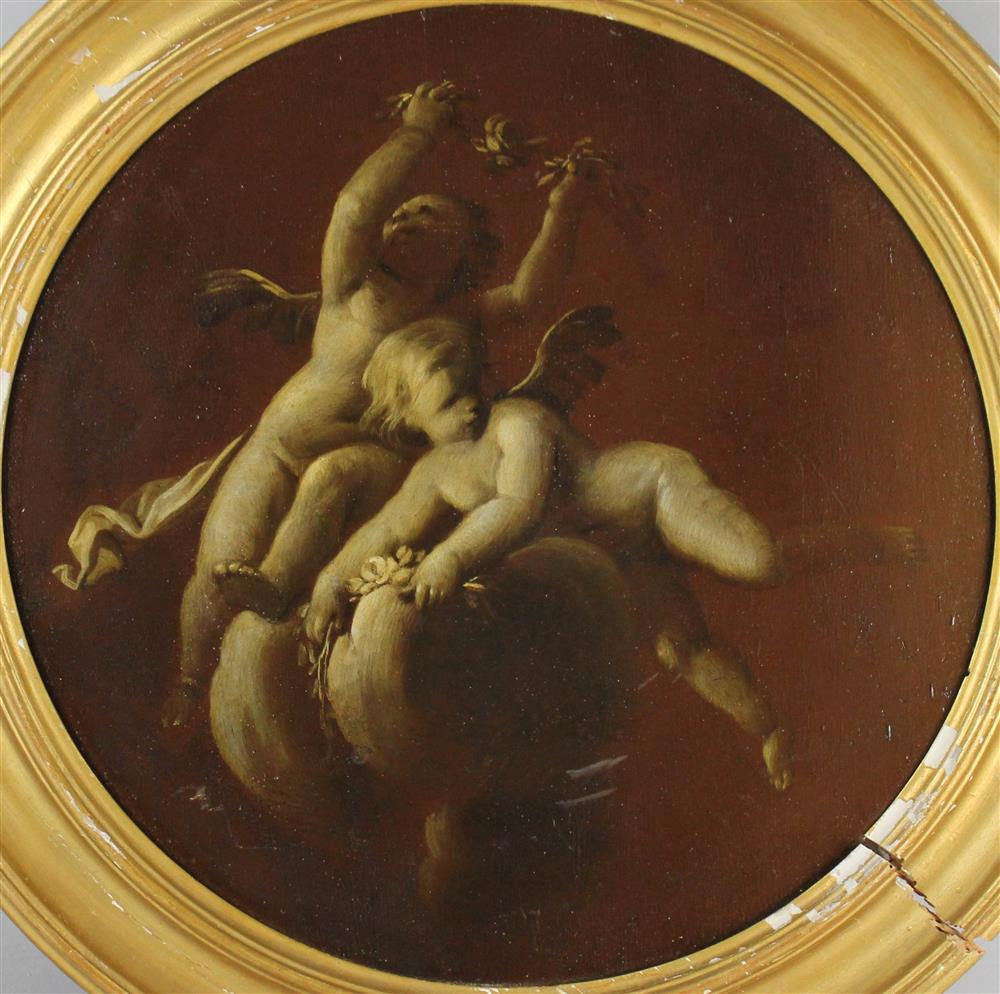 Appraisal: CONTINENTAL SCHOOL TH CENTURY PUTTI HOLDING GARLANDS Oil on panel