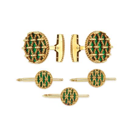 Appraisal: Gold and Green Hardstone Dress Set Estimate -