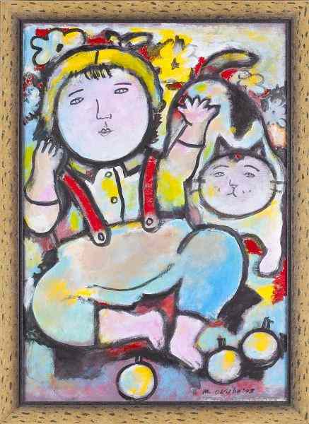 Appraisal: Min Okubo CA - Child with Catoil on canvas signed