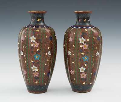 Appraisal: A Pair of Goldstone Cloisonne Lobed Vases Tapered and ribbed