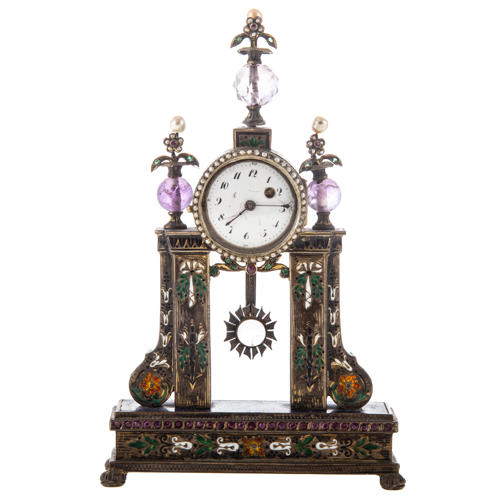 Appraisal: FRENCH MINIATURE ENAMEL PORTICO CLOCK th century highly detailed etching