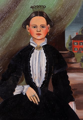 Appraisal: Miniature portrait of female sitter with red house in background