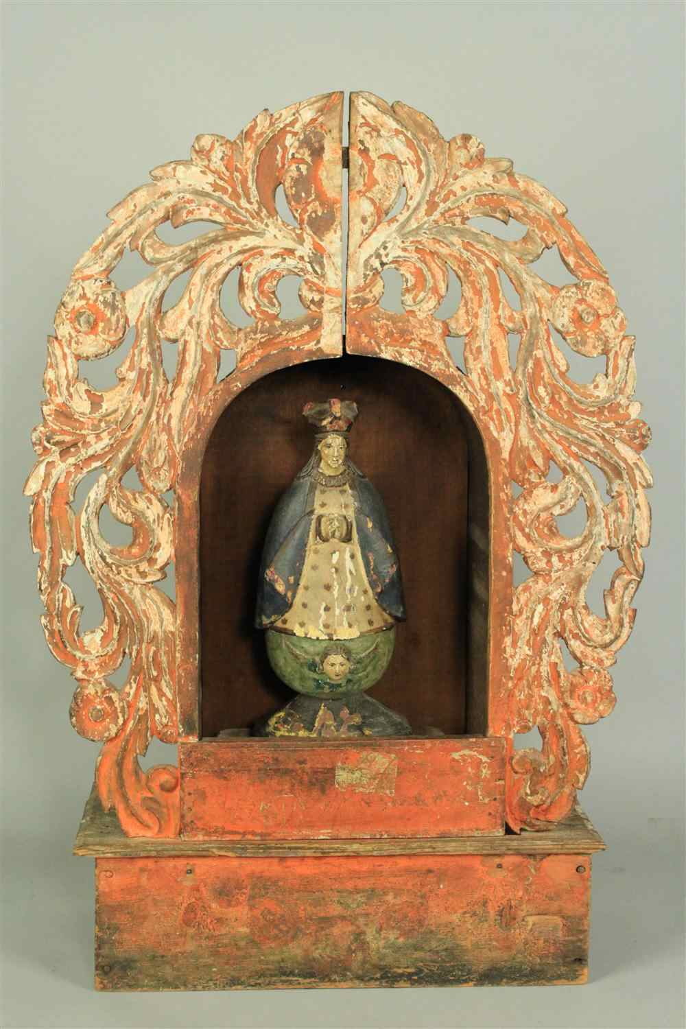 Appraisal: SPANISH COLONIAL POLYCHROMED WOOD ALTARPIECE WITH MADOONA TH TH CENTURY