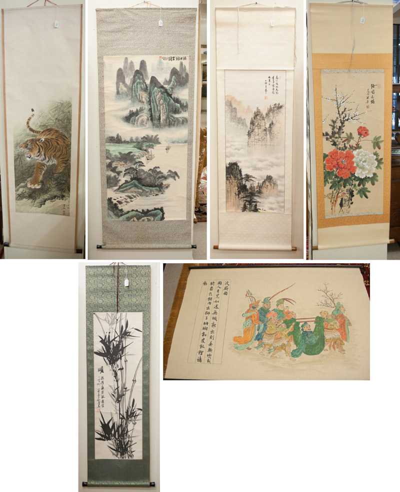 Appraisal: SIX CHINESE SCROLLS two landscapes signed upper right images measure