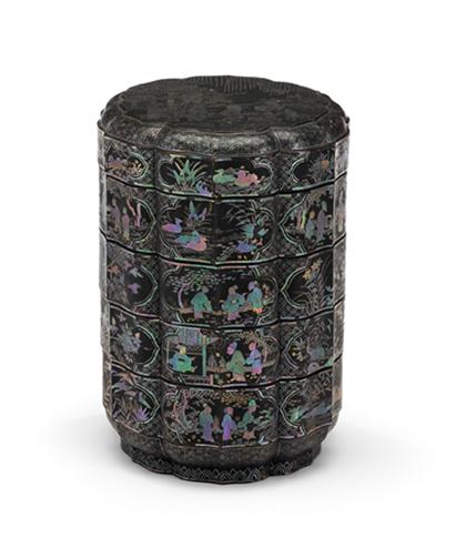 Appraisal: Chinese mother-of-pearl and lacquer lac burgaute five tier octagonal box