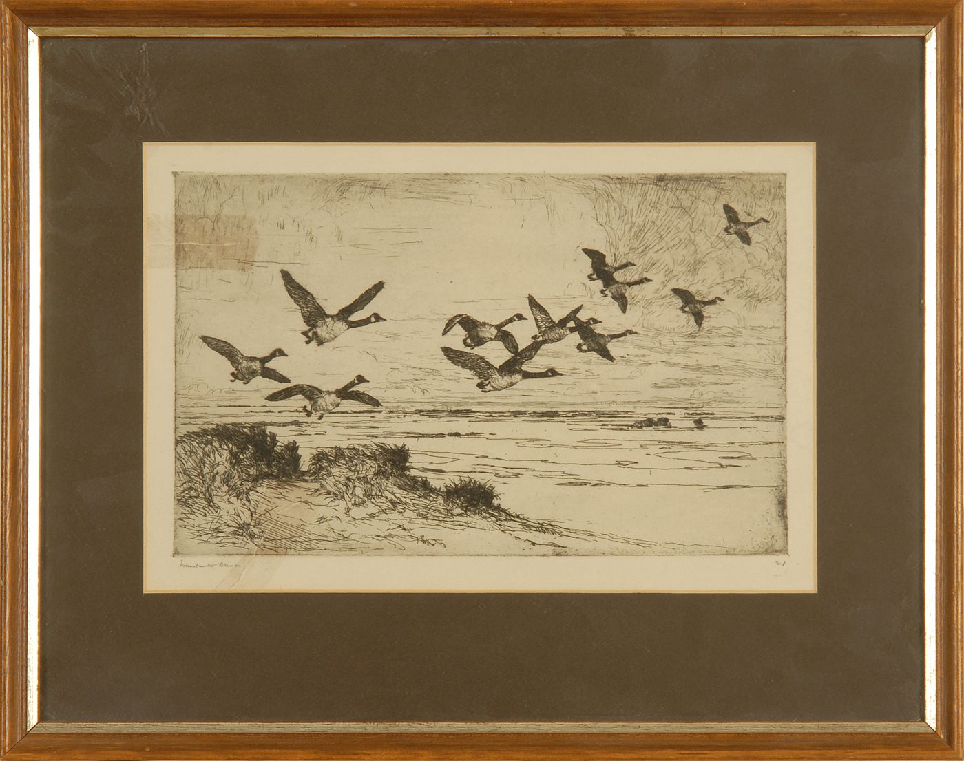 Appraisal: FRAMED FRANK W BENSON ETCHING Wild Geese Pencil-signed lower left