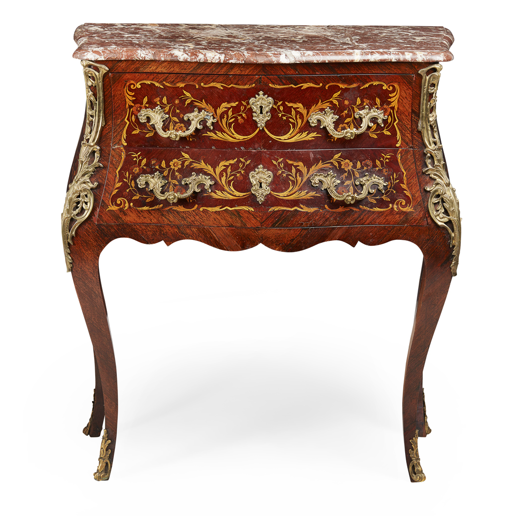 Appraisal: ROSEWOOD AND MARQUETRY MARBLE TOP BOMBE COMMODE TH CENTURY the