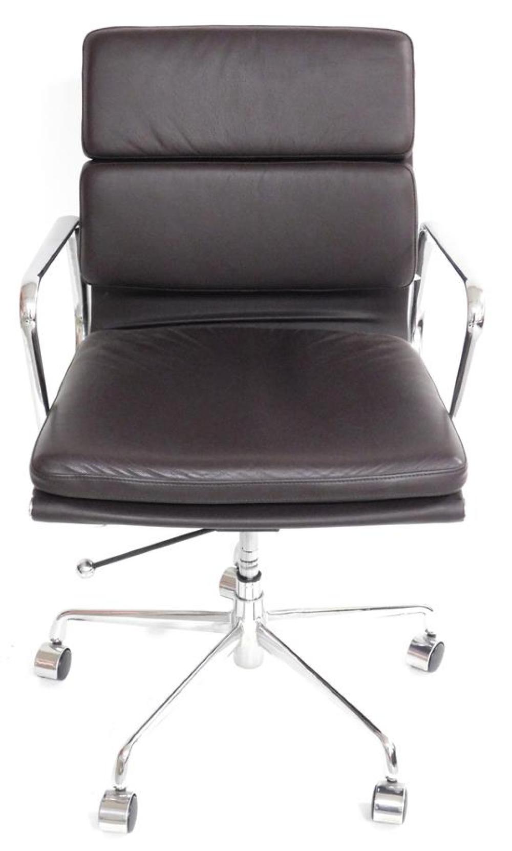 Appraisal: Office chair Eames-style design with chrome swivel base brown leather