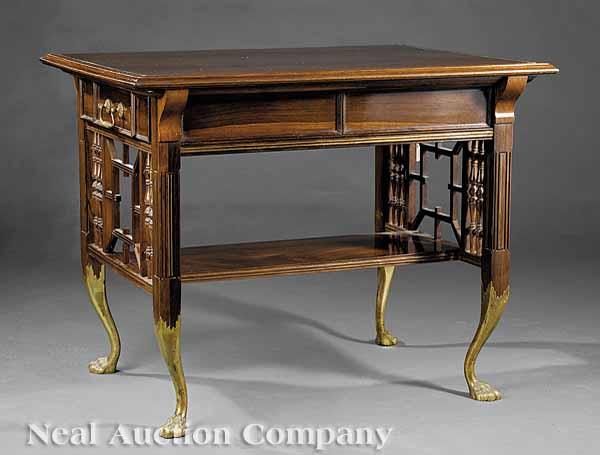 Appraisal: A Fine American Aesthetic Inlaid and Brass-Mounted Library Table late