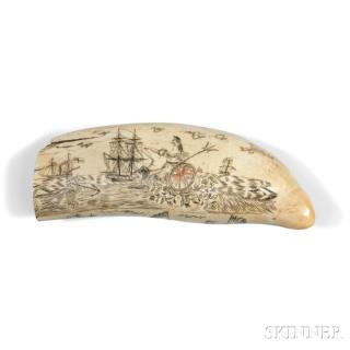 Appraisal: Scrimshaw Whale's Tooth Decorated with Ships and Britannia Figure England