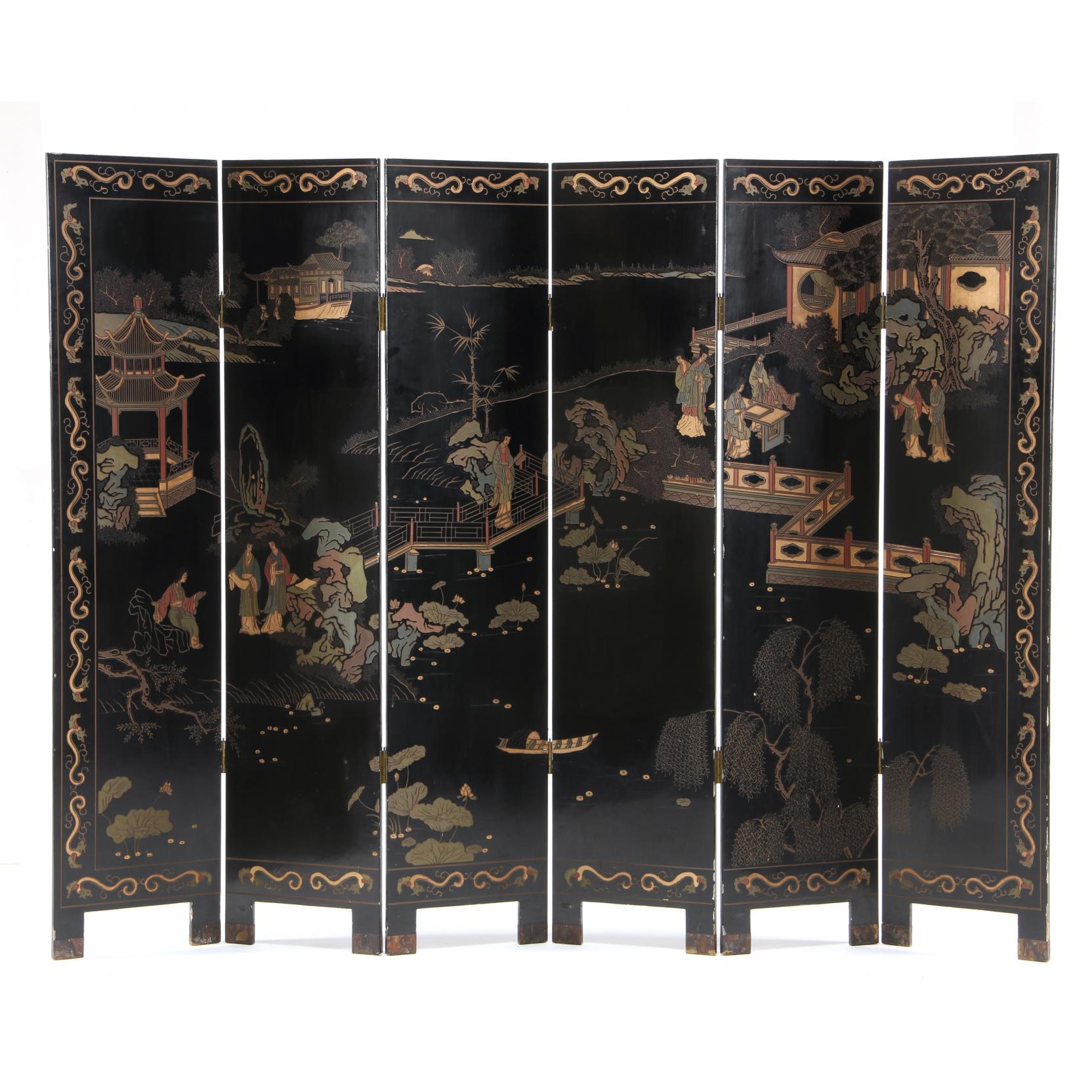 Appraisal: Asian Coromandel Six Panel Floor Screen early th century pagoda