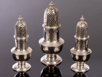 Appraisal: A set of three George II baluster-shaped silver casters Samuel