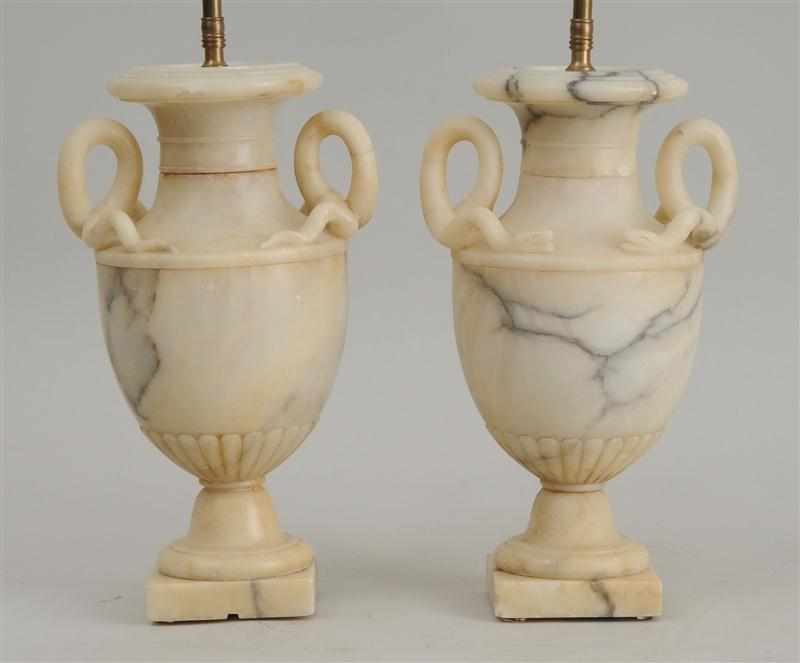 Appraisal: PAIR OF ENGLISH NEOCLASSICAL STYLE CARVED ALABASTER URNS MOUNTED AS