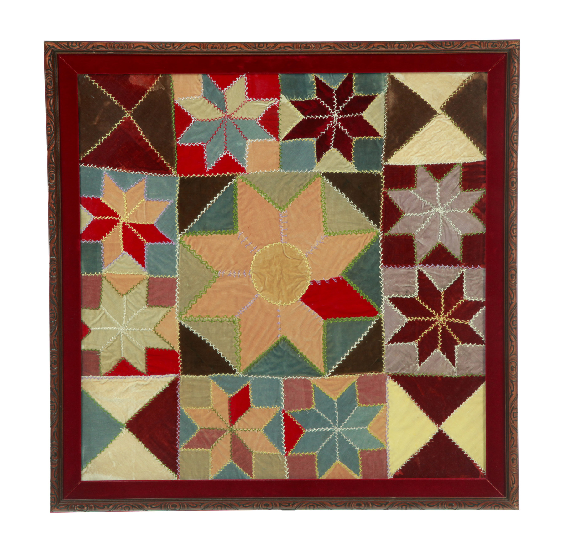 Appraisal: AMERICAN CRAZY QUILT Late th-early th century Velvet Stars pattern