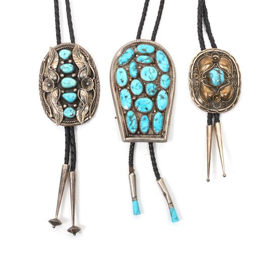 Appraisal: Sale Lot Three Silver and Turquoise Navajo Bolos Height of