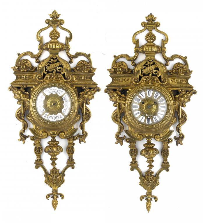 Appraisal: A FRENCH LACQUERED BRASS CARTEL CLOCK AND MATCHING BAROMETER the