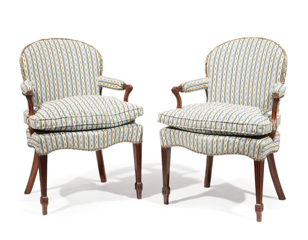 Appraisal: Pair of Louis XVI-Style Mahogany Fauteuils arched back padded arms