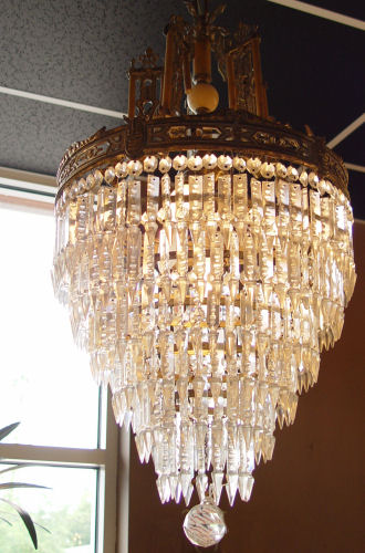 Appraisal: VINTAGE BRASS CRYSTAL TIER CHANDELIER Hangs '' high excluding chain