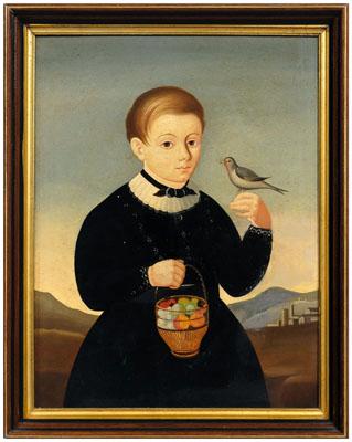 Appraisal: Folk art portrait young boy holding basket with fruit and