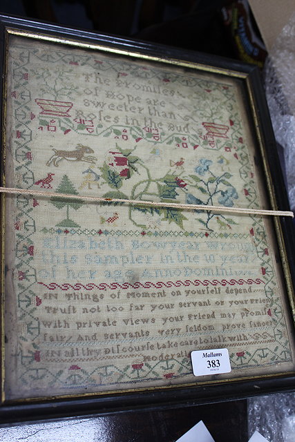 Appraisal: A LATE TH CENTURY SAMPLER by Elizabeth Bowyear dated cm