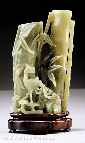 Appraisal: A Chinese Carved Green Hardstone Phoenix and Bamboo Double Vase