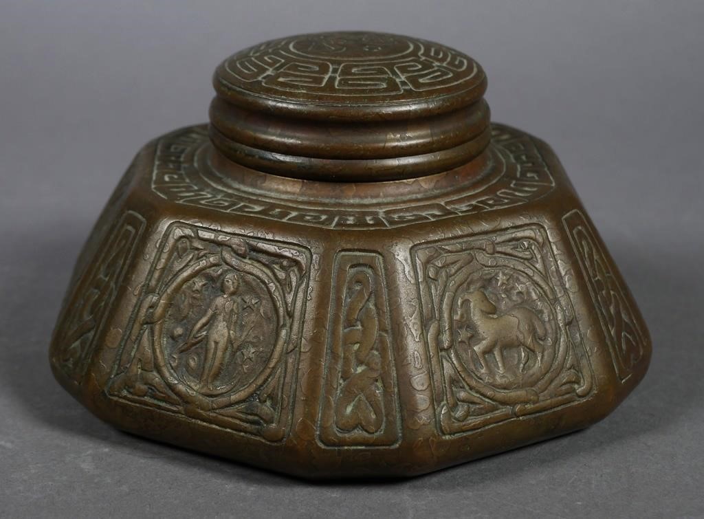 Appraisal: Very large wide Tiffany bronze inkwell -sided with zodiac sign