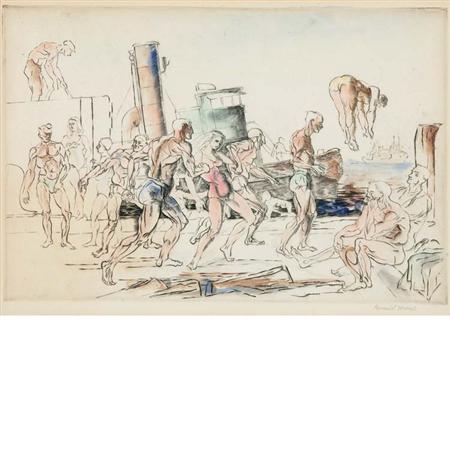 Appraisal: Reginald Marsh BATHERS ON THE HUDSON Hand-colored engraving Estimate -