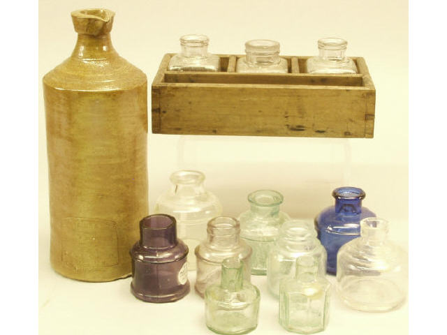 Appraisal: Collection of inkwell and bottles including crock English ink bottle