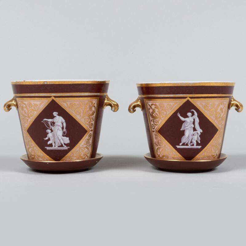 Appraisal: Pair of English Porcelain Cache Pots with Classical Decoration Unmarked