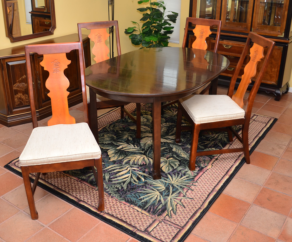 Appraisal: DINING TABLE ORIENTAL MOTIF CHAIRS An assembled set to include