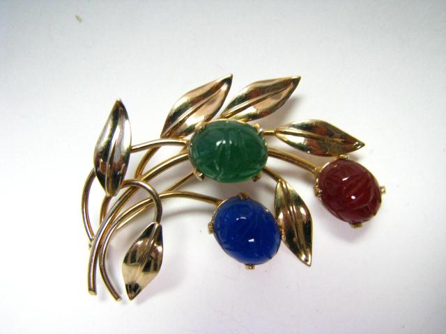 Appraisal: K Yellow Gold Leaf and Floral Pin with three cabochon