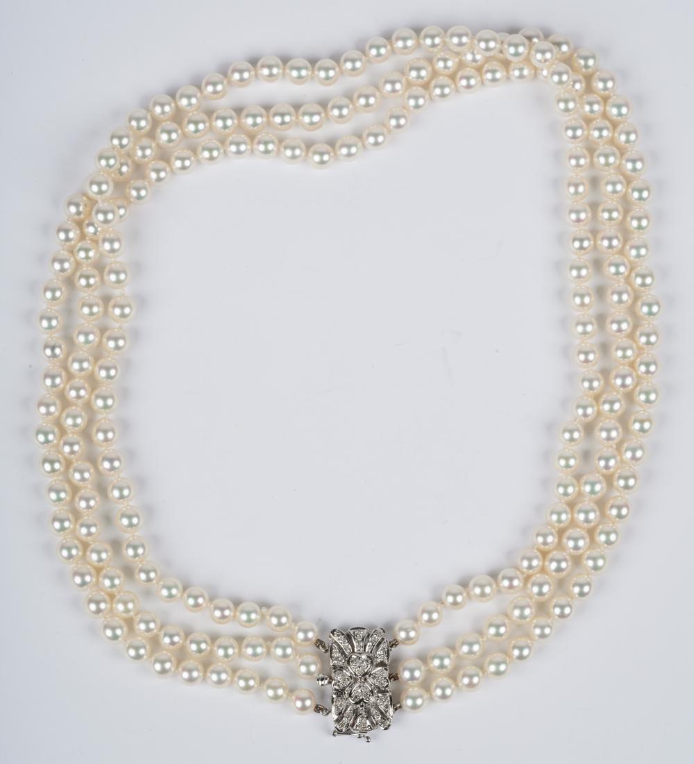 Appraisal: KARAT WHITE GOLD DIAMOND CULTURED PEARL NECKLACEcomprising three strands of