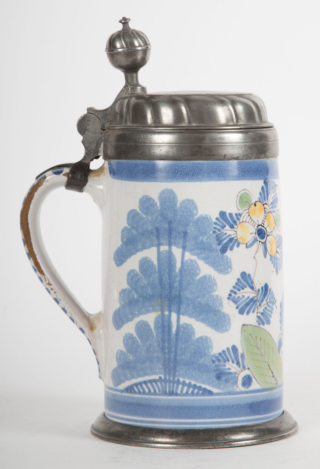 Appraisal: German pewter mounted faience stein early th century probably Bayreuth