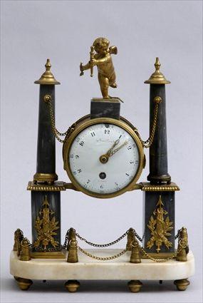 Appraisal: LOUIS XVI GILT METAL-MOUNTED MARBLE PILLAR MANTLE CLOCK The enamel