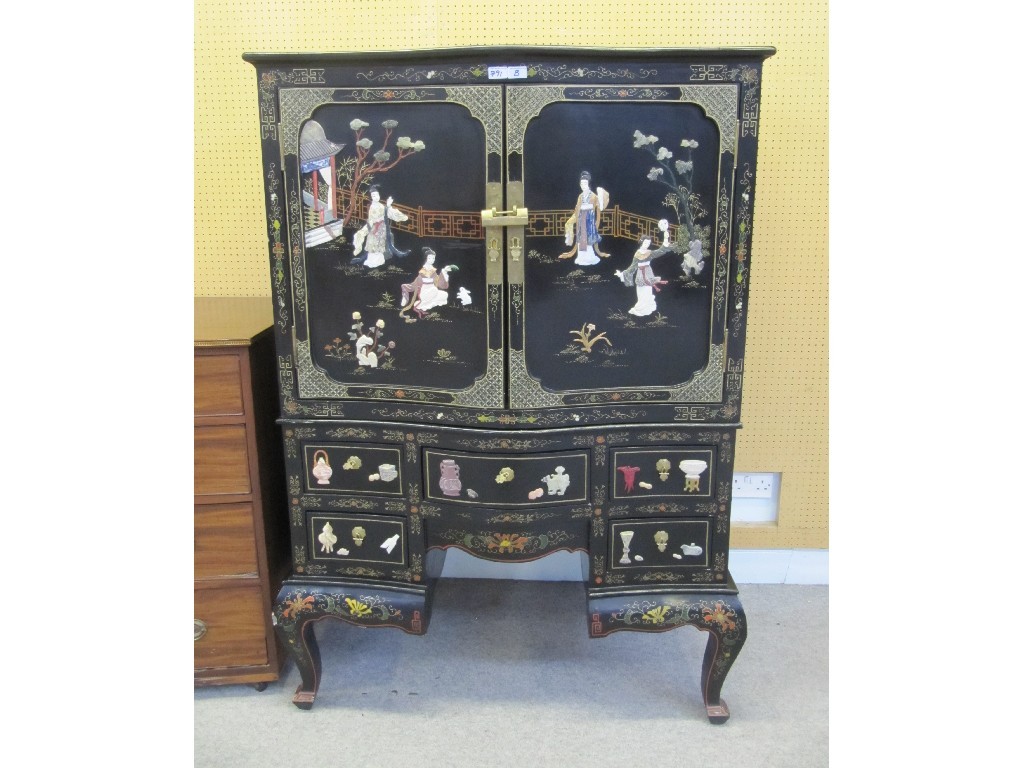 Appraisal: Japanese lacquered cupboard on chest decorated with geisha urns and