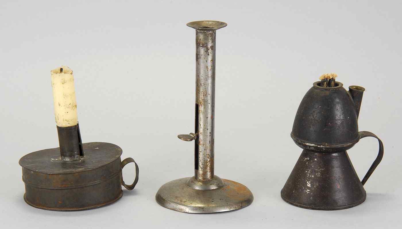 Appraisal: THREE PIECES OF EARLY NEW ENGLAND LIGHTINGLate th Early th