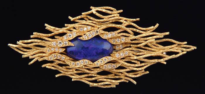 Appraisal: FINE BLACK OPAL DIAMOND AND K YELLOW GOLD BROOCH The