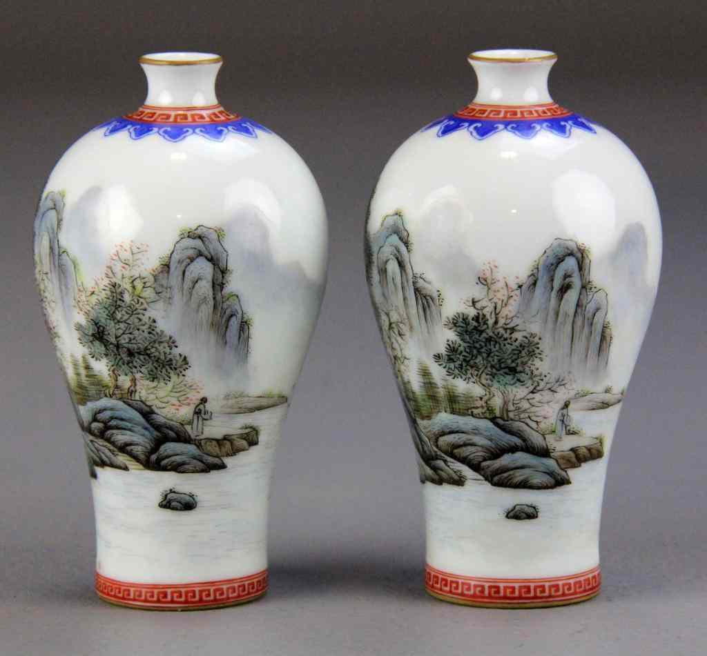 Appraisal: Pair Chinese Republic Period Porcelain VasesBoth finely painted to depict