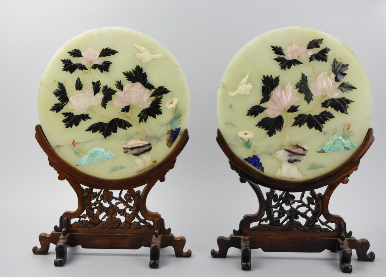 Appraisal: PAIR OF CHINESE JADEITE PLAQUES W STONES ON STAND A