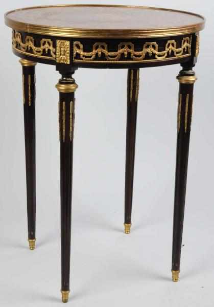 Appraisal: Round End Table with Brass Ornaments Circa Condition Excellent Size