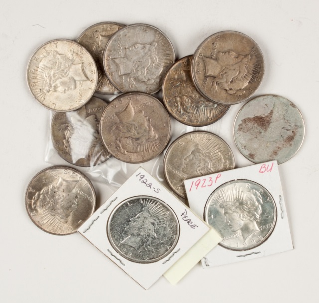 Appraisal: Thirteen United States Peace type silver dollars various dates and