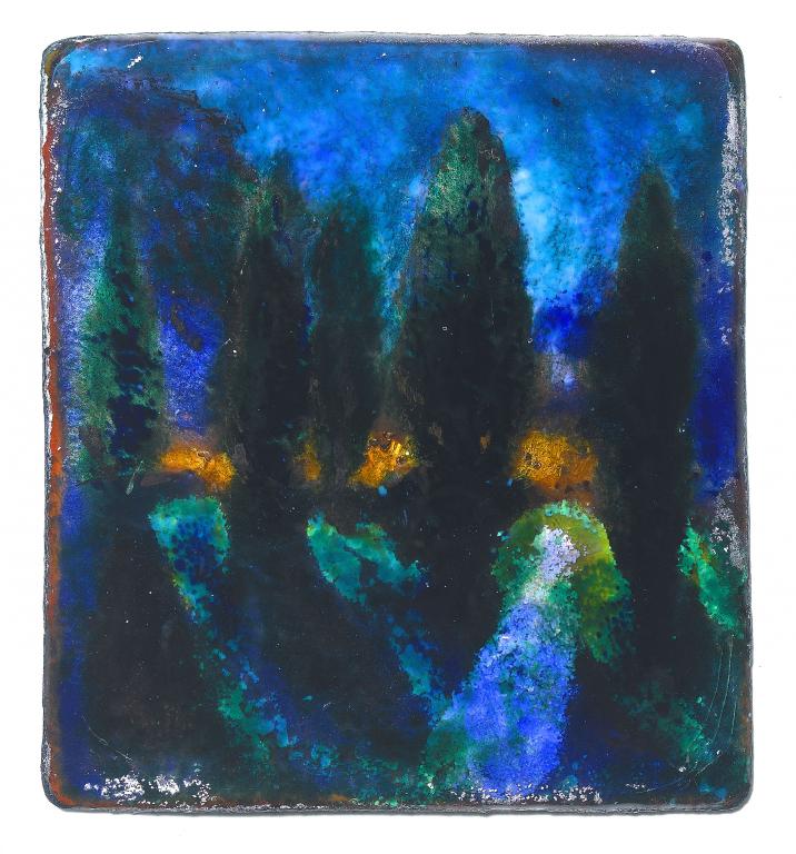 Appraisal: A PAINTED ENAMEL PLAQUE OF MOONLIT TREES BY MABEL P