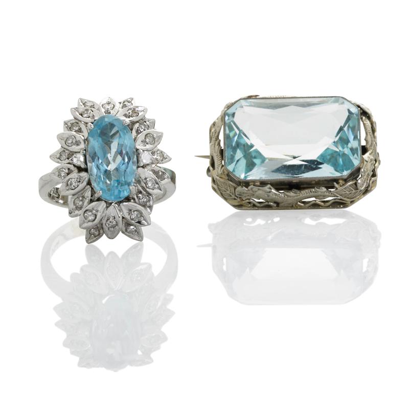 Appraisal: AQUAMARINE K WHITE GOLD RING AND BROOCH Scissor cut aquamarine