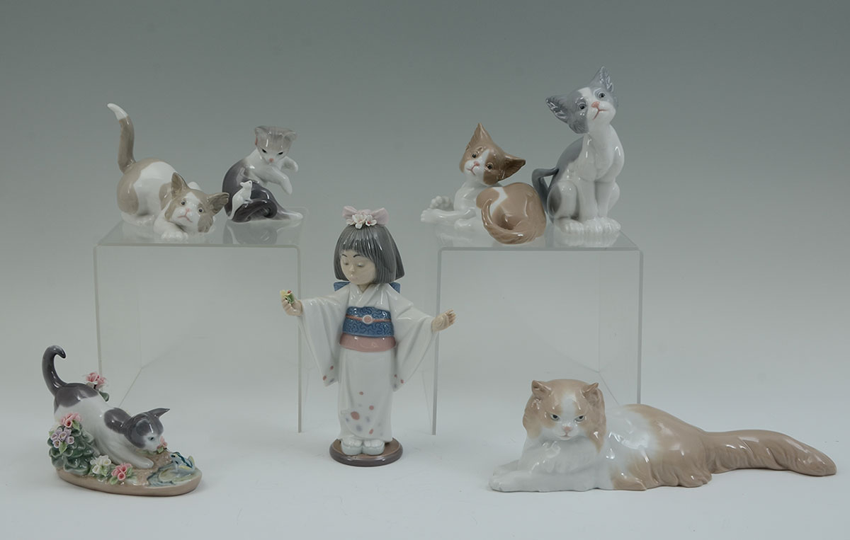 Appraisal: LLADRO PORCELAIN CATS GEISHA GIRL FIGURINE pieces total to include