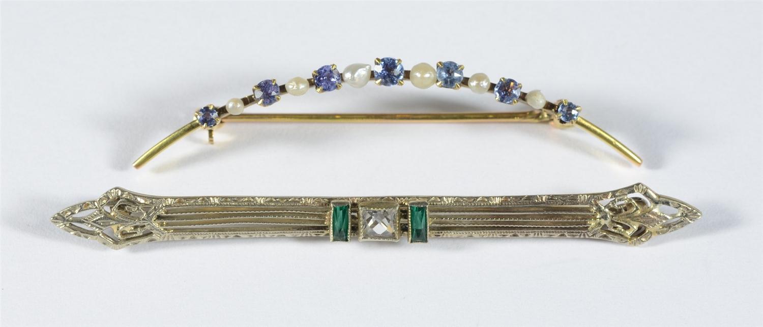 Appraisal: bar pins K crescent w pearls pale blue stones l