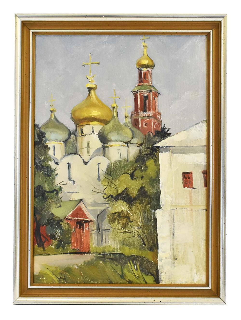 Appraisal: RUSSIAN SCHOOL TH CENTURY PAINTINGVillage Churches Unsigned Oil on Canvas