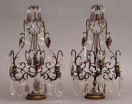 Appraisal: PAIR OF LOUIS XVI-STYLE GLASS-MOUNTED GILT-BRONZE THREE-LIGHT CANDELABRA Each drop-hung