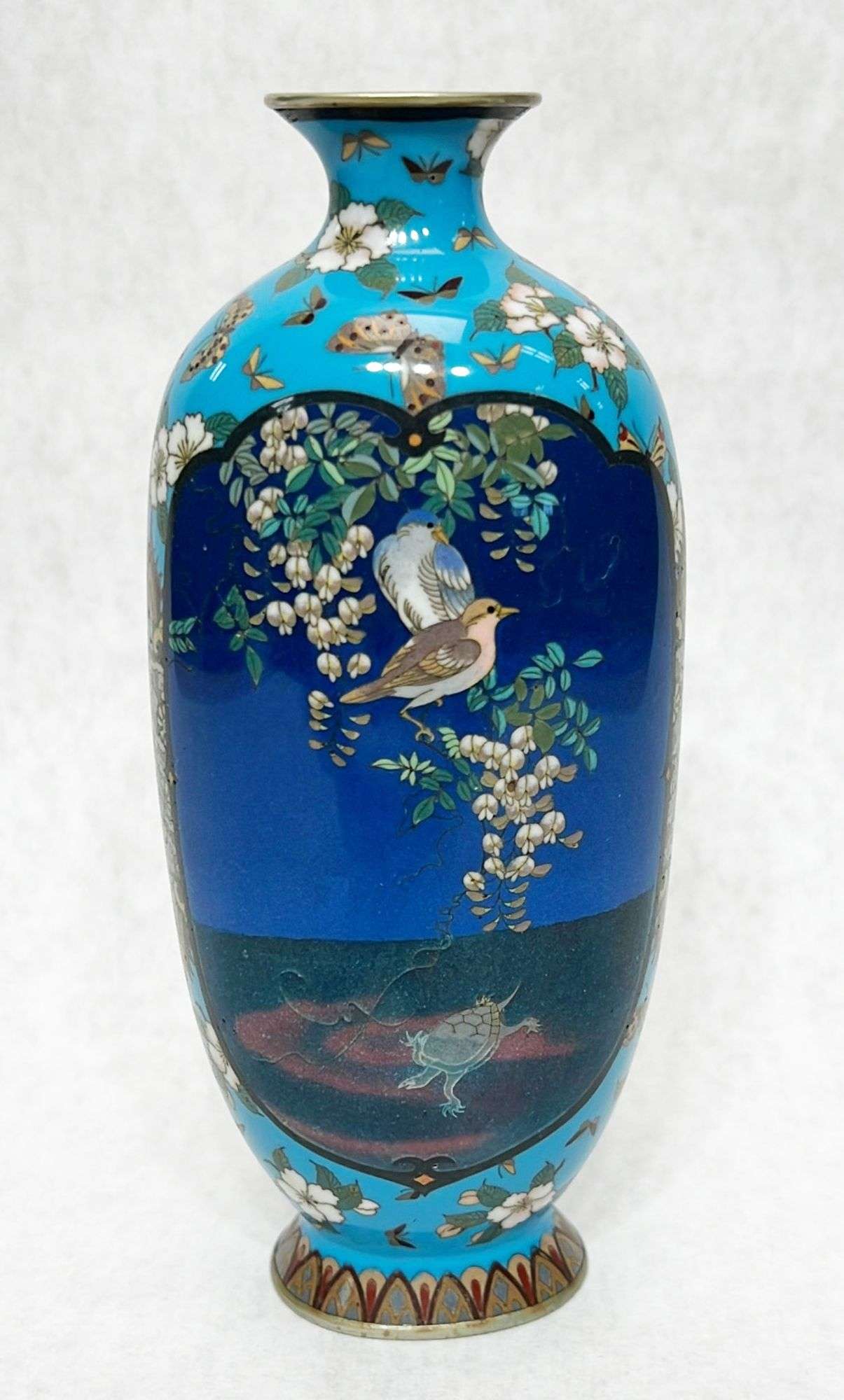 Appraisal: Japanese Meiji Period Cloisonne Vase with Owl Birds Turtle tall