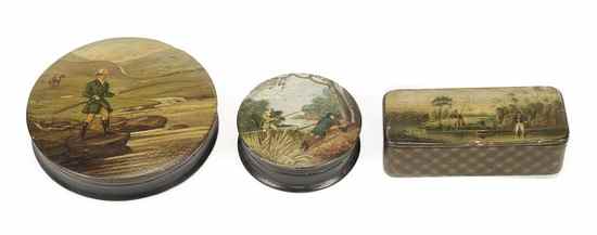 Appraisal: Three black papier mache and painted snuff boxes first half